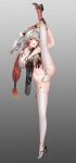  1girl :d absurdres ahoge arms_up asymmetrical_clothes bare_shoulders black_gloves breasts bubu_(snowbreak) chinese_commentary cleavage collarbone commentary_request double_bun flexible full_body gloves gradient_hair gradient_legwear grey_background grey_eyes grey_hair hair_bun hair_intakes high_heels highres holding_own_leg large_breasts leg_lift leg_up long_hair looking_at_viewer low-tied_long_hair multicolored_gloves multicolored_hair navel official_alternate_costume open_mouth red_hair red_thighhighs shuo_bian_yue sidelocks simple_background smile snowbreak:_containment_zone solo split standing standing_on_one_leg standing_split stomach strapless_bottom teeth thighhighs two-tone_gloves two-tone_hair upper_teeth_only white_thighhighs yellow_gloves 