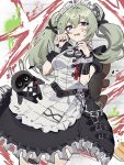  1girl animal_bag apron bangboo_(zenless_zone_zero) bear_bag black_dress black_nails breasts butler_(zenless_zone_zero) commentary_request corin_wickes cowboy_shot cuffs dress green_hair hair_between_eyes highres long_hair looking_at_viewer maid maid_apron maid_headdress open_mouth puffy_short_sleeves puffy_sleeves purple_eyes screw_hair_ornament short_sleeves simple_background solo sweatdrop twintails twitter_username umiinu_(umi_inu11) white_apron zenless_zone_zero 