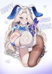  1girl 2026 absurdres animal_ears asymmetrical_legwear blonde_hair blue_eyes blue_shoes blush body_writing breast_cutout breasts brown_dust_(series) brown_dust_2 brown_pantyhose commentary darian_silverstein english_commentary fake_animal_ears fake_tail full_body fur-trimmed_gloves fur_trim futanari gloves groin happy_new_year heart_bikini high_heels highres kneeling large_breasts long_hair looking_at_viewer open_mouth pantyhose playboy_bunny rabbit_ears rabbit_tail shirt shoes smile solo stiletto_heels tail very_long_hair white_gloves white_shirt wujack 