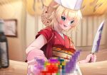  1girl :d akai_haato aqua_eyes bangs blonde_hair blurry blurry_background blush breasts censored censored_food commentary_request earrings eyebrows_visible_through_hair fang floral_print gloves hair_ornament heart heart_hair_ornament highres holding holding_knife hololive indoors japanese_clothes jewelry kimono knife long_hair looking_at_viewer magowasabi motion_blur motion_lines obi open_mouth pink_gloves red_kimono sash signature skin_fang sleeves_pushed_up smile solo table tied_hair twitter_username upper_body usada_pekora virtual_youtuber white_headwear 