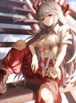  1girl :/ absurdres bangs boots bow breasts cigarette cloud cloudy_sky collarbone day diamond_plate eyebrows_visible_through_hair feet_out_of_frame fujiwara_no_mokou hair_bow highres holding holding_cigarette huge_filesize large_breasts long_hair navel outdoors pants parted_lips red_eyes red_pants shirt short_sleeves silver_hair sitting sky smoking solo stairs torn_clothes torn_pants touhou very_long_hair waramori_fuzuka white_bow white_shirt 