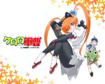  1girl alisa_southerncross black_eyes black_hair copyright_name dress elbow_gloves frog full_body gloves hair_ornament hat hinata_fuyuki hood hoodie keroro keroro_gunsou long_hair looking_at_viewer official_art official_wallpaper orange_hair pantyhose red_eyes ribbon shoes short_hair shorts simple_background skirt socks star_(symbol) twintails yoshizaki_mine 