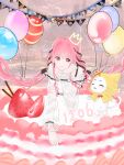  ^_^ ahoge balloon bare_shoulders belt birthday black_belt black_bow black_ribbon bow bowtie bra_strap brown_eyes chinese_commentary cloak closed_eyes closed_mouth commentary_request dated drawn_crown floating_hair flower food frilled_shirt frilled_sleeves frills fruit game_screenshot_inset green_flower hair_bow hair_intakes hair_ribbon hand_on_own_cheek hand_on_own_face happy hat hat_flower highres hood hood_up hooded_cloak infinity_nikki kenozro lips long_hair long_sidelocks long_sleeves low_twintails mini_party_hat momo_(nikki) navel nikki_(nikki) nikki_(series) off-shoulder_shirt off_shoulder open_mouth oversized_food oversized_object perfect_start_(infinity_nikki) pink_hair pocky puffy_long_sleeves puffy_sleeves red_bow red_bowtie ribbon screenshot_inset see-through_clothes see-through_sleeves shirt sidelocks smile strawberry strawberry_slice striped_clothes striped_headwear tareme traditional_bowtie tress_ribbon twintails very_long_hair whiskers white_shirt yellow_cloak yellow_flower yellow_hat 