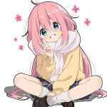  1girl ahoge aqua_eyes azumawari_(azumofu) black_skirt brown_shoes commentary_request eyelashes facial_mark full_body grin hair_between_eyes happy_aura head_tilt indian_style kagamihara_nadeshiko loafers long_hair long_sleeves looking_at_viewer miniskirt pink_hair pleated_skirt shoes simple_background sitting skirt smile socks solo star_(symbol) star_facial_mark sweater tareme v very_long_hair white_background white_socks yellow_sweater yurucamp 