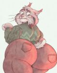  2026 anthro big_butt black_eyebrows bottomwear brown_bottomwear brown_clothing brown_eyes brown_pants butt clothed clothed_anthro clothed_male clothing digital_drawing_(artwork) digital_media_(artwork) disney english_description eyebrows felid feline fur furryonline1 green_clothing green_sweater green_topwear grey_body grey_fur head_tuft hi_res looking_back lynx male mammal mouth_closed pants pawbert_lynxley pink_nose rear_view simple_background small_tail solo sweater tail topwear tuft whiskers white_background zootopia 