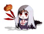  1boy bed_sheet blue_hair chibi cu_chulainn_(fate)_(all) cu_chulainn_alter_(fate/grand_order) fate/grand_order fate_(series) gae_bolg_(fate) ghost_costume halloween jack-o&#039;-lantern lollypop male_focus mini_cu-chan_(fate) namahamu_(hmhm_81) polearm red_eyes solo spear tail trembling weapon 