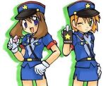  2girls blue_eyes brown_hair cosplay gloves green_eyes hand_on_own_arm jenny_(pokemon) jenny_(pokemon)_(cosplay) lowres may_(pokemon) misty_(pokemon) multiple_girls open_mouth orange_hair pokemon pokemon_(creature) police police_uniform simple_background smile star_(symbol) white_gloves 