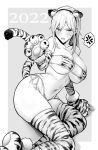  1girl 2022 :o absurdres anger_vein animal_ears animal_hands animal_print bikini border breasts chinese_zodiac cleavage commentary elbow_gloves enokido_(reido1177) eyepatch_bikini fake_animal_ears fake_tail fang gloves grey_background highres large_breasts long_hair looking_at_viewer mole mole_under_mouth nanase_haruka_(enokido) navel nipples open_mouth original paw_gloves skin_fang solo spoken_anger_vein swimsuit symbol-only_commentary tail thighhighs tiger_print v-shaped_eyebrows white_border year_of_the_tiger 