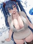  1girl bangs blue_eyes blue_hair blush breasts cleavage collarbone demon_girl highres huge_breasts long_hair looking_at_viewer oekakizuki open_mouth original short_sleeves thighhighs thighs twintails wet 