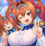  1girl ;d ^_^ animal_ears blue_sky bow breasts character_doll closed_eyes cloud commentary_request daiwa_scarlet_(umamusume) doll hair_bow holding holding_doll horse_ears horse_girl katwo large_breasts long_hair looking_at_viewer one_eye_closed open_mouth red_bow red_hair sky smile solo tiara twintails umamusume upper_body v 