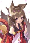  1girl amagi-chan_(azur_lane) animal_ears azur_lane bangs blunt_bangs brown_hair collarbone commentary_request eyebrows_visible_through_hair fox_ears fox_girl fox_tail from_above hair_ribbon highres index_finger_raised kyuubi long_hair looking_at_viewer looking_up manjuu_(azur_lane) multiple_tails off-shoulder_kimono off_shoulder petals purple_eyes ribbon rope sakutaishi shimenawa sidelocks signature simple_background smile solo tail thick_eyebrows twintails wide_sleeves 