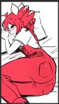  1girl ass bed drill_hair hair_ribbon kasane_teto kasane_teto_(sv) on_bed overalls pillow red_eyes red_hair red_overalls ribbon shirt synthesizer_v ttnsfw0401 twin_drills white_shirt 