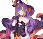  1girl eyebrows_visible_through_hair eyes_visible_through_hair flat_chest fur_collar halo headpiece highres holding hololive hololive_english low_wings ninomae_ina&#039;nis pointy_ears purple_eyes purple_hair simple_background softmode tentacle_hair tentacles virtual_youtuber white_background wings 