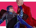  2boys archer_(fate) armor blue_hair bodysuit chin_grab cu_chulainn_(fate/extra) dark_skin dark_skinned_male fate/extra fate_(series) heart jacket long_hair male_focus multiple_boys namahamu_(hmhm_81) neon_trim pauldrons ponytail red_eyes red_jacket shoulder_armor white_hair yaoi 