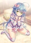  1girl ahoge blue_hair blurry blurry_background blush bow commentary hair_bow hair_ornament hairclip hinako_note indoors long_hair long_sleeves looking_at_viewer march-bunny natsukawa_kuina pajamas pink_bow scarf scrunchie sitting sleepwear smile solo striped_clothes striped_pajamas striped_scarf striped_thighhighs symbol-only_commentary thighhighs wariza wrist_scrunchie yellow_eyes 