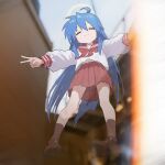  1girl :3 ahoge blue_hair brown_shoes brown_socks closed_eyes closed_mouth commentary_request double_horizontal_stripe facing_viewer from_below hair_between_eyes halo heisa_internet highres izumi_konata long_hair long_sleeves lucky_star mole mole_under_eye neckerchief outstretched_hand pleated_skirt red_neckerchief red_sailor_collar red_skirt ryouou_school_uniform sailor_collar school_uniform serafuku shirt shoes skirt socks solo v white_halo white_shirt white_sleeves 