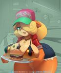  activision anthro bandicoot bent_over between_breasts blep blonde_hair bottle breast_rest breasts burger cleavage clothed clothing coco_bandicoot crash_bandicoot_(series) english_text female food hair hair_over_eye hi_res mammal marsupial one_eye_obstructed sonikku_(artist) text thick_thighs tongue tongue_out video_games 