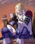  1boy absurdres basil_hawkins blonde_hair card cat cloud commentary_request facial_mark gloves highres holding holding_card long_hair one_piece outdoors shirt signature single_glove sitting smile white_shirt yuuya_(hakase-luv) 