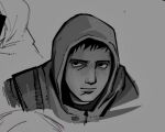 1boy bags_under_eyes black_hair cry_of_fear grey_hoodie hashtag-only_commentary hood hood_up hoodie looking_to_the_side male_focus portrait screenshot short_hair simon_henriksson slouching solo tac_nyanx3 
