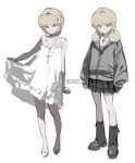  1girl black_socks blonde_hair bow brown_shoes chain closed_mouth commentary cross cross_necklace dress earrings english_commentary fur_collar genderswap genderswap_(mtf) grey_hoodie high_heels highres holding hood hoodie hunter_x_hunter jewelry kurapika long_sleeves looking_at_viewer necklace plaid_clothes plaid_skirt pumps red_eyes second-party_source shoes short_hair shouka_(ly880217) simple_background skirt socks solo twitter_username white_background white_bow white_dress white_shoes 