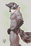  2021 abs anthro blacklion21 brandon_(rxccoon) bulge clothing grey_background hair hand_on_bulge hi_res jockstrap lion21 looking_aside looking_at_viewer male mammal muscular muscular_anthro muscular_male nipples pecs procyonid raccoon side_view signature simple_background smile solo standing tattoo underwear 