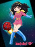  1girl art_pulp bandana bandana_around_neck belt belt_buckle black_eyes black_hair blue_boots blue_gloves boots buckle character_name commentary dress energy_gun full_body gloves gun hairband hand_up highres holding holding_gun holding_weapon knee_boots long_hair mizutani_kenta open_mouth pink_dress pulp-chan_no_daibouken science_fiction short_dress smile solo space spacecraft star_(symbol) two_side_up weapon yellow_bandana yellow_belt yellow_hairband 
