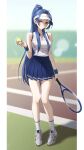  1girl 24riside absurdres ball bilingual_commentary blue_eyes blue_hair blue_skirt breasts collared_shirt commentary commission english_commentary full_body high_ponytail highres holding holding_ball holding_tennis_racket light_smile long_hair looking_at_viewer medium_breasts miniskirt mixed-language_commentary original outdoors pixiv_commission pleated_skirt ponytail racket shirt shirt_tucked_in shoes skirt sleeveless sleeveless_shirt sneakers socks solo sportswear tennis_ball tennis_court tennis_racket tennis_uniform very_long_hair visor_cap white_shirt white_shoes white_socks wristband 
