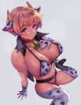  1girl animal_ears animal_print becky-4545 bell belt bikini blonde_hair blush boots breasts brown_eyes character_request collar copyright_request cow_ears cow_girl cow_horns cow_print cowbell earrings horns iridescent jewelry large_breasts looking_at_viewer neck_bell open_clothes open_mouth open_vest short_hair simple_background sweat swimsuit thigh_boots thighhighs vest white_background 