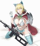  1girl absurdres animal_ears aqua_eyes bell blonde_hair blue_legwear blush breasts christmas cleavage cloak commentary cyka eyebrows_visible_through_hair girls_frontline gloves gun hair_ornament highres large_breasts looking_at_viewer medium_hair mole mole_on_breast neck_bell open_mouth paw_pose red_cloak rifle sitting sniper_rifle snowflake_hair_ornament solo tail vsk-94 vsk-94_(girls_frontline) weapon white_background white_gloves 