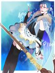  1boy black_legwear blue_fire blue_hair blush capelet cu_chulainn_(caster)_(fate) cu_chulainn_(fate)_(all) earrings elbow_gloves fate/grand_order fate_(series) fire fur-trimmed_hood fur_trim garter_straps gloves hood hooded_capelet jewelry long_hair magical_girl male_focus miniskirt namahamu_(hmhm_81) pointing pointing_up red_eyes runes skirt solo thighhighs wooden_staff zettai_ryouiki 