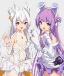  +_+ 2girls :d animal_ears azur_lane bangs blue_eyes blunt_bangs breasts bunny_ears choker collarbone commentary_request covered_navel detached_sleeves double_bun dress eyebrows_visible_through_hair fake_animal_ears frilled_dress frilled_skirt frills gloves hair_between_eyes hair_ornament hairband hands_together headgear highres idol le_malin_(azur_lane) le_malin_(muse)_(azur_lane) long_hair looking_at_viewer multiple_girls open_mouth paw_gloves paws plaid plaid_skirt purple_hair sakutaishi see-through sidelocks simple_background skirt small_breasts smile symbol-shaped_pupils tashkent_(azur_lane) tashkent_(muse)_(azur_lane) waving white_background white_hair white_legwear wrist_cuffs 