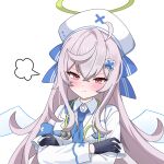  1girl :t angel_wings beatrixa_(stella_sora) black_gloves blue_necktie breast_pocket bro_(kaiiiiii_0714) collared_shirt commentary crossed_arms dress_shirt gloves green_halo grey_hair halo hat highres jacket long_sleeves looking_at_viewer necktie nurse_cap pink_eyes pocket pout puff_of_air shirt solo stella_sora traditional_halo v-shaped_eyebrows white_hat white_jacket white_shirt white_wings wings 
