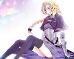  1girl armor armored_dress blonde_hair blue_eyes braid fate/apocrypha fate_(series) gauntlets headpiece jeanne_d&#039;arc_(fate) jeanne_d&#039;arc_(fate)_(all) long_braid long_hair namahamu_(hmhm_81) purple_eyes purple_legwear single_braid sitting solo thighhighs very_long_hair 