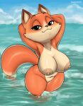  2021 anthro arctic_dogs big_breasts breasts canid canine curvy_figure diacordst digital_media_(artwork) female fox genitals green_eyes hi_res jade_(arctic_dogs) looking_at_viewer mammal navel nipples nude partially_submerged pussy seductive solo voluptuous water wet wet_body 