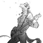  2021 anthro bass_guitar beastars bottomwear clothed clothing dog_tags equid equine greyscale guitar hair hi_res horse male mammal monochrome muscular muscular_anthro muscular_male musical_instrument pants playing_guitar playing_music plucked_string_instrument shirt simple_background solo string_instrument tank_top text topwear url white_background yafya_(beastars) yuzuki_fang111 