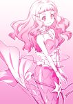  1girl breasts closed_mouth gradient gradient_background head_fins highres kazuma_muramasa laura_(precure) long_hair looking_at_viewer medium_breasts mermaid midriff monster_girl navel pink_background pink_theme precure signature smile solo tropical-rouge!_precure 