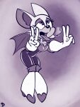  &lt;3 &lt;3_eyes anthro breasts breath chiropteran cleavage clothed clothing female gesture hi_res mammal monochrome panting roger_bacon rouge_the_bat solo sonic_the_hedgehog_(series) tongue tongue_out v_sign wings 