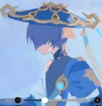  1boy 624_itumo armor black_shirt blue_background blue_hair blue_hat blue_jingasa faceless faceless_male genshin_impact hat highres ibispaint japanese_armor japanese_clothes kote kurokote looking_to_the_side scaramouche_(genshin_impact) screenshot shirt short_hair vision_(genshin_impact) wanderer_(genshin_impact) 