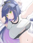  1girl absurdres animal_ears arknights arm_behind_head bed_sheet black_choker blue_hair blush breasts cat_ears cat_girl cat_tail choker clothes_lift collarbone green_eyes highres jessica_(arknights) jessica_the_liberated_(arknights) large_breasts long_hair looking_at_viewer lying multicolored_hair navel on_back parted_lips ponytail purple_hair reaching reaching_towards_viewer selfie shirt shirt_lift solo spam_(spamham4506) tail two-tone_hair upper_body very_long_hair white_shirt 