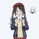  2girls beret black_jacket blazer blood blood_on_face blue_eyes brown_hair chibi chibi_inset cobwvmeti hat highres idolmaster idolmaster_shiny_colors jacket lapels long_hair mitsumine_yuika multiple_girls no_eyewear no_lineart notched_lapels open_clothes open_jacket open_mouth red_hat simple_background smile standing thumbs_up twintails white_background yukoku_kiriko 