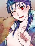  1boy blue_hair capelet cu_chulainn_(caster)_(fate) cu_chulainn_(fate)_(all) dog earrings face_licking fate/grand_order fate_(series) fur-trimmed_hood fur_trim hair_down hood hood_down jewelry licking long_hair male_focus namahamu_(hmhm_81) one_eye_closed open_clothes open_shirt red_eyes smile solo 