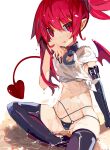  1girl :p bat_wings black_choker black_gloves black_legwear choker commentary_request demon_girl demon_tail disgaea elbow_gloves etna eyebrows_visible_through_hair gloves highres looking_at_viewer makai_senki_disgaea miyakawa106 navel red_eyes red_hair red_wings shirt short_hair simple_background sitting solo swimsuit swimwear tail thighhighs tied_shirt tongue tongue_out wet wet_clothes wet_shirt white_background white_shirt wings 