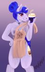  anthro apron apron_only breasts clothing coffee_cup equid equine female hair hair_bun hasbro hi_res horn looking_at_viewer mammal mostly_nude my_little_pony reallycoykoifish simple_background solo steam unicorn 