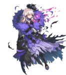  1girl black_dress black_gloves black_pantyhose book breasts clenched_teeth closed_mouth commentary_request damaged dress fire_emblem fire_emblem:_three_houses fire_emblem_heroes fur_trim gloves hagure_keg hair_ornament hat highres holding holding_book long_hair long_sleeves lysithea_von_ordelia lysithea_von_ordelia_(earnest_seeker) lysithea_von_ordelia_(earnest_seeker)_(resplendent) lysithea_von_ordelia_(timeskip) non-web_source official_alternate_costume official_art one_eye_closed pantyhose pink_eyes purple_dress purple_gloves shoes small_breasts solo tassel tassel_hair_ornament teeth torn_clothes v-shaped_eyebrows white_hair 