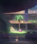  blue_eyes blush_stickers day food highres holding holding_food holding_ice_cream ice_cream in-universe_location kirby kirby_(series) kirby_and_the_forgotten_land no_humans one_eye_closed outdoors palm_tree scenery sitting solo sparkle suyasuyabi tree twitter_username water wondog wondy 