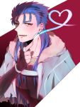  1boy 1girl blue_hair capelet cu_chulainn_(caster)_(fate) cu_chulainn_(fate)_(all) earrings fate/grand_order fate_(series) fingerless_gloves fur-trimmed_hood fur_trim gloves heart heart_of_string hood hooded_capelet jewelry long_hair male_focus namahamu_(hmhm_81) one_eye_closed pointing red_eyes solo 