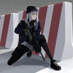  1girl agent_416_(girls_frontline) assault_rifle bangs black_footwear black_headwear black_legwear blue_hair blue_jacket closed_mouth cyka eyebrows_visible_through_hair girls_frontline gloves green_eyes grey_gloves grey_skirt gun h&amp;k_hk416 hat headphones headphones_around_neck highres hk416_(girls_frontline) holding holding_weapon jacket long_hair looking_away pantyhose police_hat rifle shoes simple_background skirt snowflakes solo tom_clancy&#039;s_the_division uniform weapon 