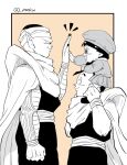  1girl 2boys brown_background cape carrying commentary_request dragon_ball dragon_ball_super dragon_ball_super_super_hero father_and_daughter greyscale_with_colored_background hat height_difference high_five multiple_boys pan_(dragon_ball) piccolo pointy_ears school_uniform senka-san shoulder_carry shoulder_pads skirt smile son_gohan twitter_username wristband 