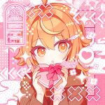 1girl :o ahoge blonde_hair blush bow box brown_hoodie commentary commission dot_nose double-parted_bangs grid_background hair_between_eyes hair_intakes heart heart-shaped_box highres holding holding_box hood hood_down hoodie indie_virtual_youtuber long_hair long_sleeves looking_at_viewer open_mouth pink_background portrait red_bow shikyo_rigumo shirocha_tei skeb_commission solo spoken_heart twitter_username valentine virtual_youtuber watermark yellow_eyes 