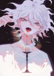  1boy ahoge bangs collarbone danganronpa_(series) danganronpa_2:_goodbye_despair fangs fire flame grey_eyes grey_hair hair_between_eyes half-closed_eyes hand_up highres komaeda_nagito lighter looking_at_viewer male_focus messy_hair open_mouth shirt solo tongue tongue_out upper_body white_hair xiwang_xintu 